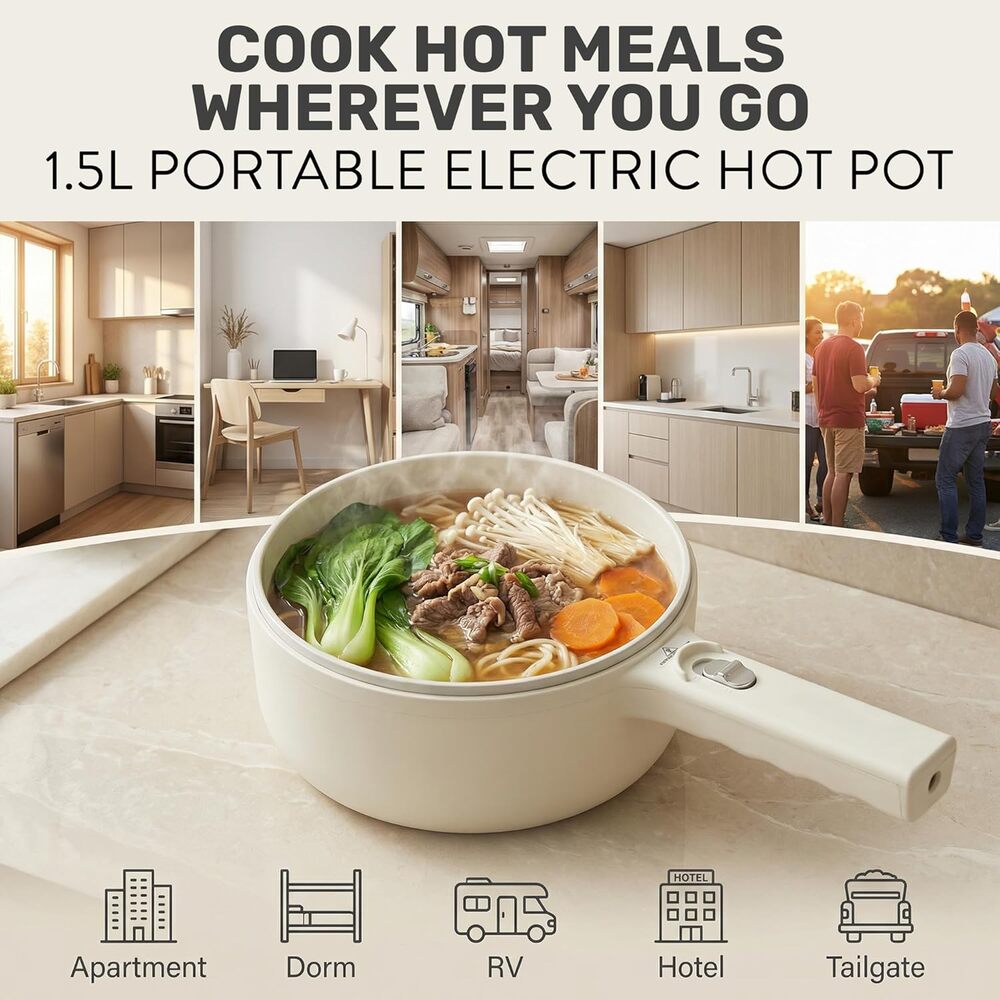 CERAMAX PRO Electric Hot Pot with Lid & Steamer, 1.5L Non Toxic Ceramic Skillet - Picture 2 of 8